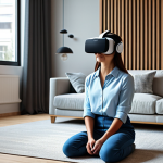 **

A woman in modest, professional clothing listening to music with a VR headset in a modern living room setting. The scene should convey peace and relaxation. Perfect anatomy, natural proportions, fully clothed, safe for work, appropriate content, family-friendly.

**