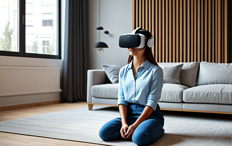 **

A woman in modest, professional clothing listening to music with a VR headset in a modern living room setting. The scene should convey peace and relaxation. Perfect anatomy, natural proportions, fully clothed, safe for work, appropriate content, family-friendly.

**