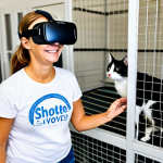 **

"A volunteer wearing a VR headset smiles warmly while interacting with a virtual dog projected in front of them, inside a bright and clean animal shelter. Several cats and dogs are visible in the background in their enclosures. The volunteer is fully clothed in appropriate attire, wearing a t-shirt with the shelter's logo. Focus on the joy of connection and the hope VR brings to finding homes for animals. Safe for work, appropriate content, family-friendly, professional photography, perfect anatomy, natural proportions, well-formed hands, proper finger count, modest clothing."

**