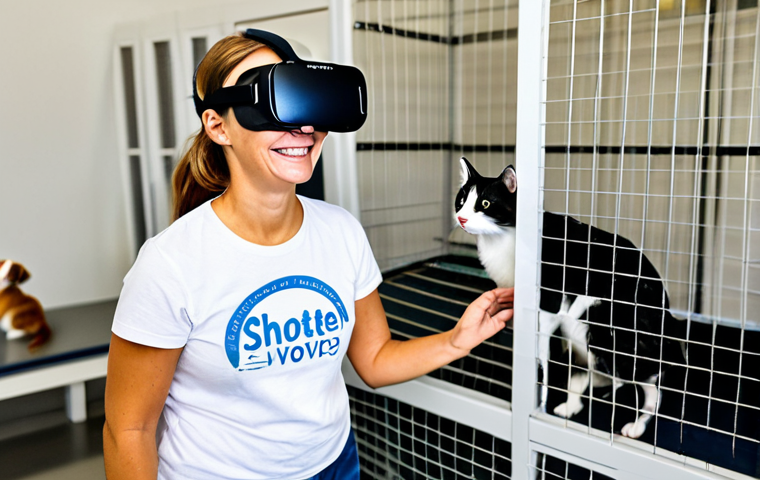 **

"A volunteer wearing a VR headset smiles warmly while interacting with a virtual dog projected in front of them, inside a bright and clean animal shelter. Several cats and dogs are visible in the background in their enclosures. The volunteer is fully clothed in appropriate attire, wearing a t-shirt with the shelter's logo. Focus on the joy of connection and the hope VR brings to finding homes for animals. Safe for work, appropriate content, family-friendly, professional photography, perfect anatomy, natural proportions, well-formed hands, proper finger count, modest clothing."

**