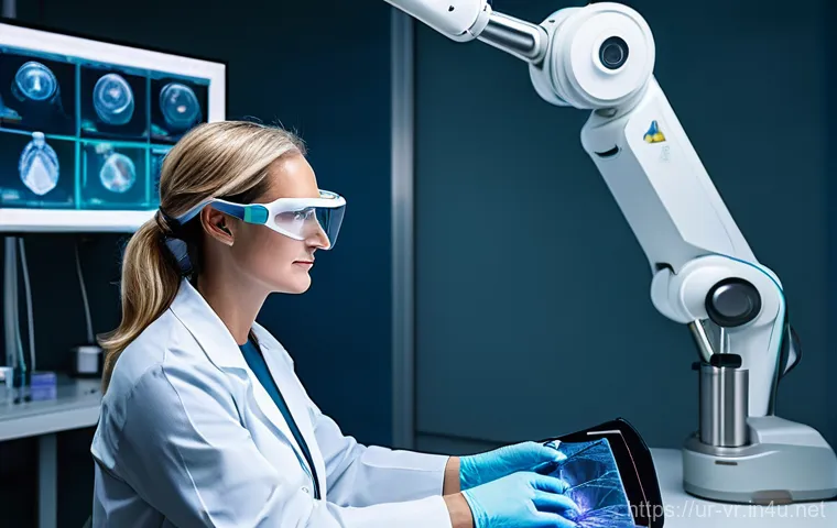 VR 로봇 제어 - **Prompt 1: Remote Medical Intervention**
A highly skilled, focused female surgeon, middle-aged ...