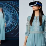 Home 7 VR 가상 쇼핑 체험 - **Prompt 1: Immersive Virtual Fashion Try-On**
"A stylish young woman, approximately 20-25 years...