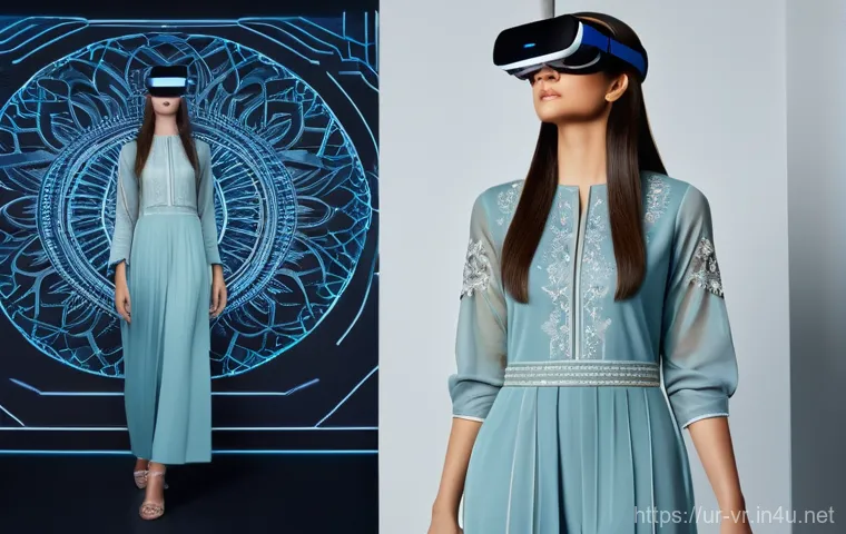 VR 가상 쇼핑 체험 - **Prompt 1: Immersive Virtual Fashion Try-On**
"A stylish young woman, approximately 20-25 years...